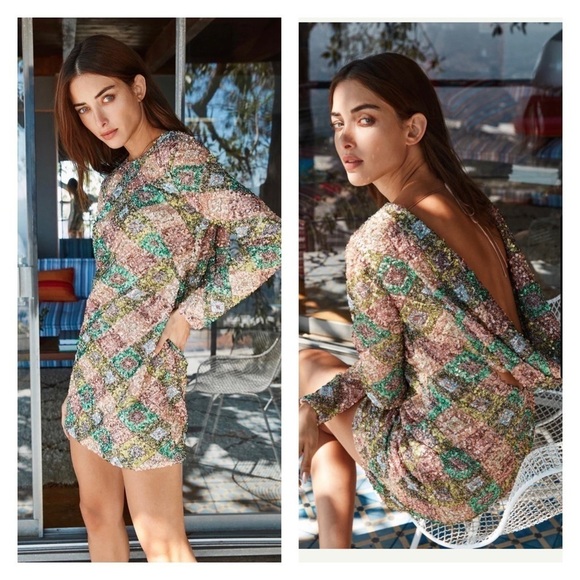 NWT Dress the Population Kensie Patchwork Sequin Open Back Mini Dress Small - Picture 1 of 12